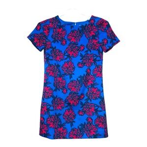 J.CREW Blue‎ Pink Floral Print Gallery Shift Dress Short Sleeve Modern Size-0